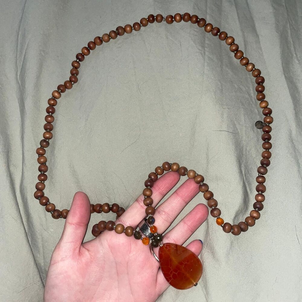 Wooden Bead Necklace Teardrop Pendant Brown Red One Size